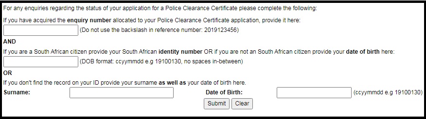 Police Clearance Certificates Online Enquiry : saps.gov.za 