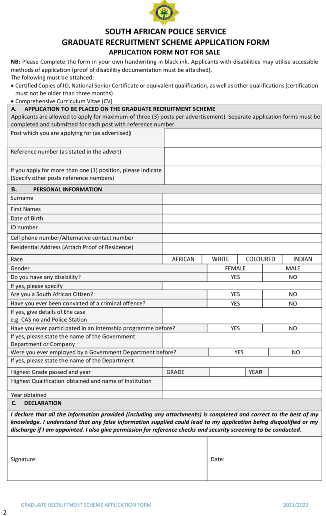 SAPS Internship Application Form 2021 Pdf