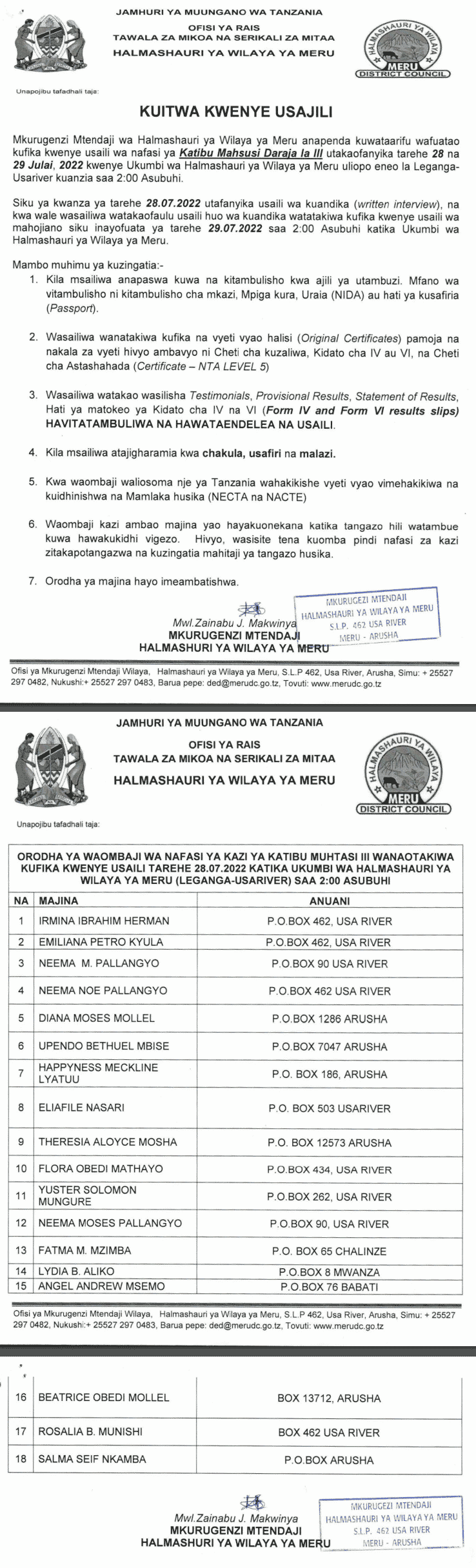 Names Called For Interview At Meru District Council _ 25 July 2022