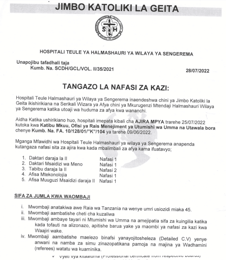 Nafasi Za Kazi Hospitali Teule Halmashauri ya Wilaya ya Sengerema